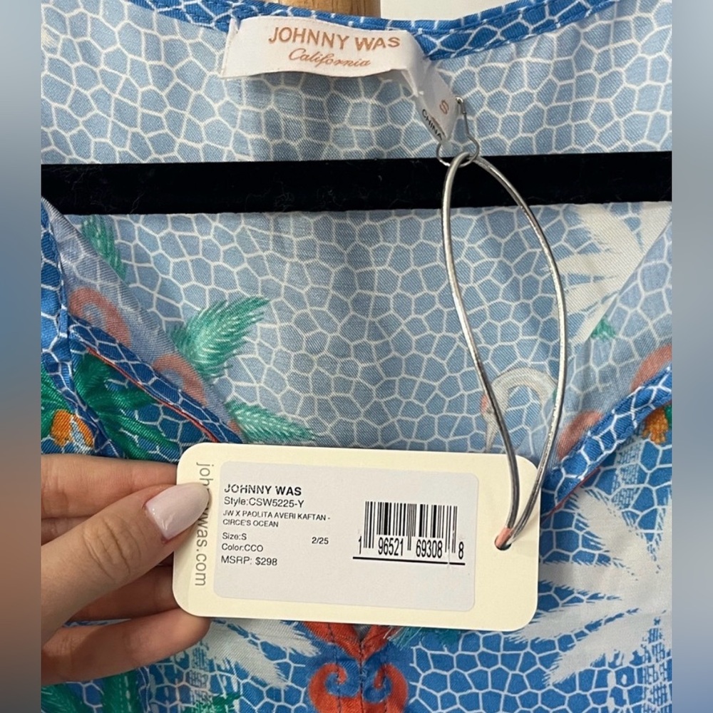 Johnny Was Paolita Avery Kaftan Cerce’s Ocean Lion Palm Tree Print Small Blue - Picture 4 of 6